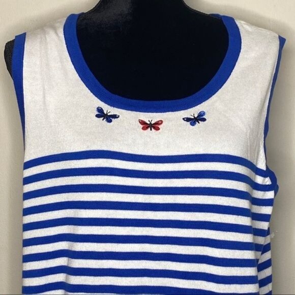 Cj Banks Womens Blue White Sleeveless Knit Tank Top Embroidered Butterfly 14W - Picture 4 of 7